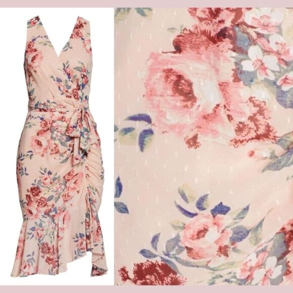 Nwt Eliza J Pink Floral Asymmetrical Dress Metallic Clip Chiffon Midi‎ Dress